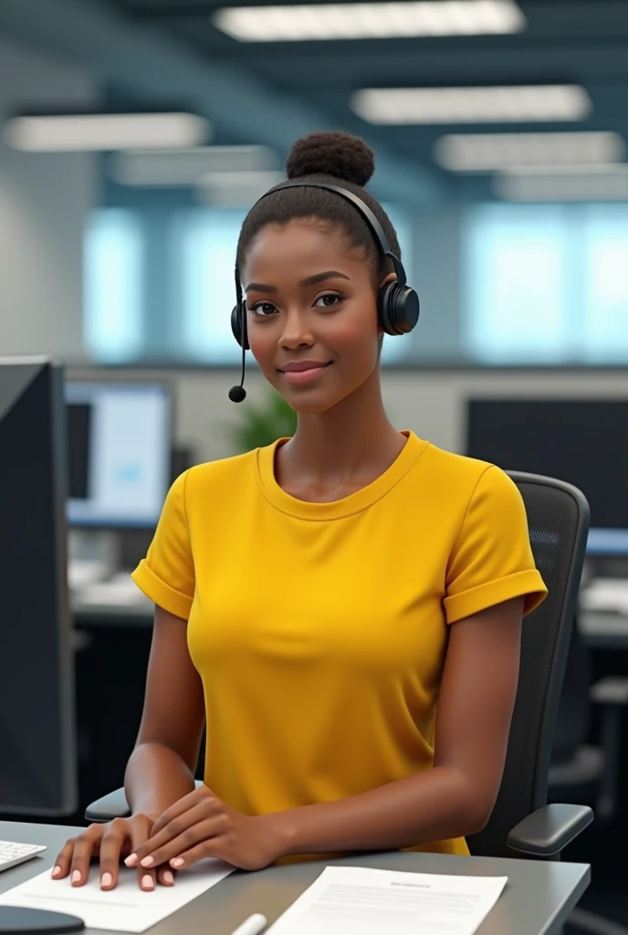 I want one dressed in a yellow t-shirt in a realistic call center company