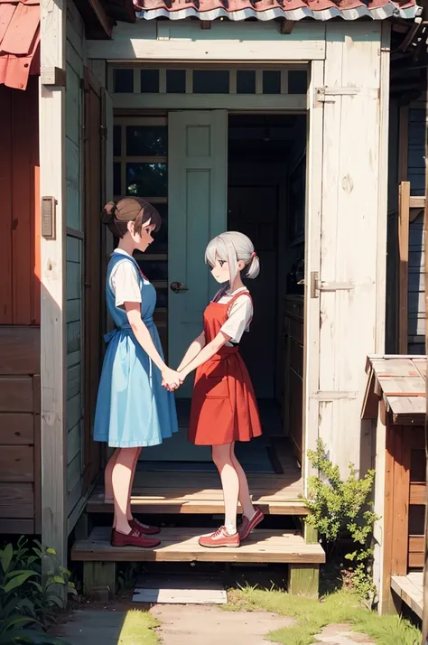 an image of Johnny, a boy about  with short brown hair, wearing a red shirt and blue shorts, standing in front of a small wooden house. He is holding hands with his grandmother, Mrs. Rosa, an elderly woman with gray hair tied in a bun, wearing a simple pas...