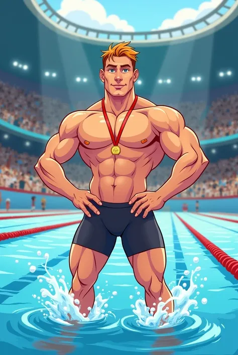 Simple cartoon drawing with funny details of a swimming champion standing in an Olympic swimsuit, swimming and the swimming pool behind him, vector drawing 