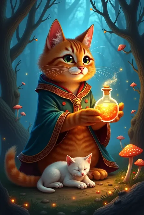  red cat with open eyes holding a flask of magic potion for her slepping kitten