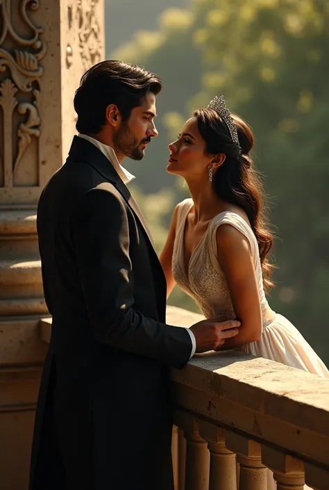 Romeo scene in a black suit and Juliet with a silver tiara speaking from the balcony

