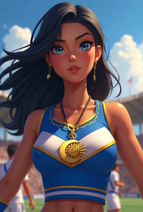 Create a 3 cheerleader captain of the Uruguayan soccer team named Luna Pereira with black hair,dark blue eyes,May her pupils be golden stars and may she have a necklace with a moon and a sun 