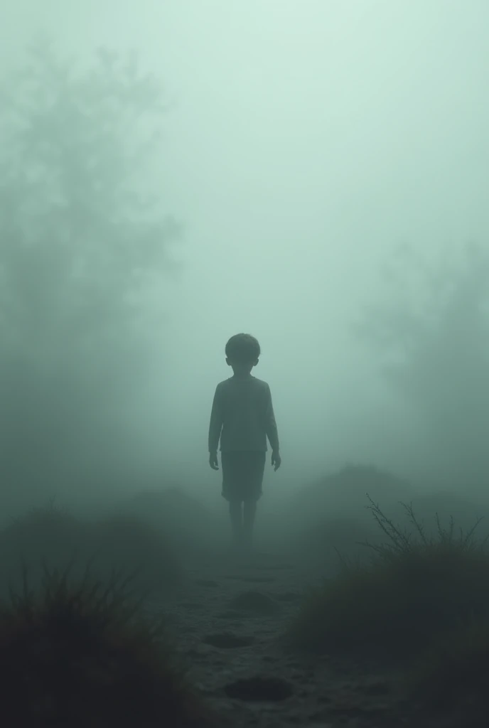 A boy disappearing into the horizon of thick, dirty fog