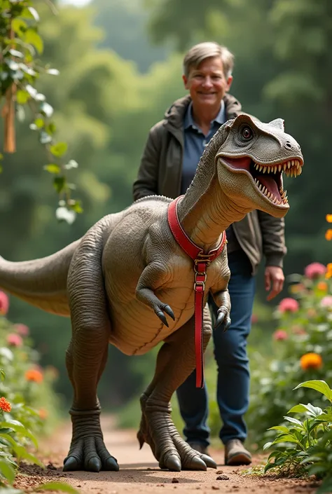 Baby Tyrannosaurus、Red lead around neck、Walking with a human owner、garden、Real、high resolution