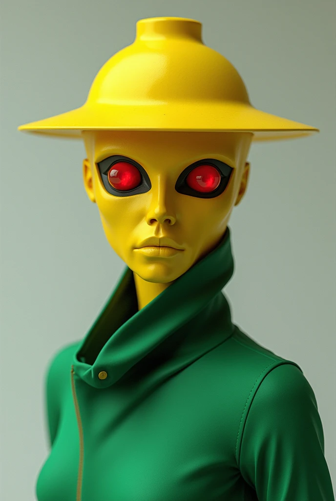 Create a subject with a yellow mask, red eyes and a cap, On the torso you must have a green garment