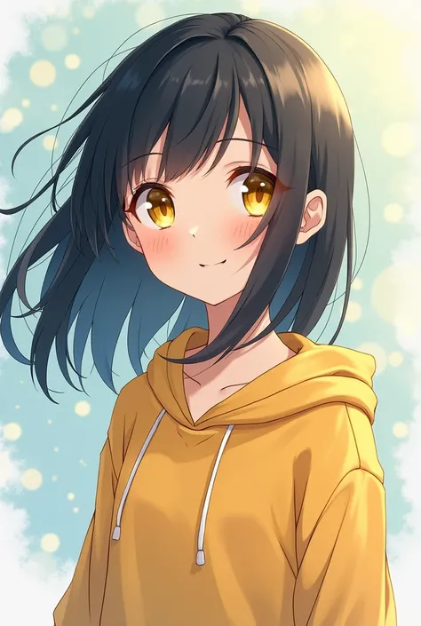 Full body 10 years anime girl with black hair, tellow eyes and innocent smile