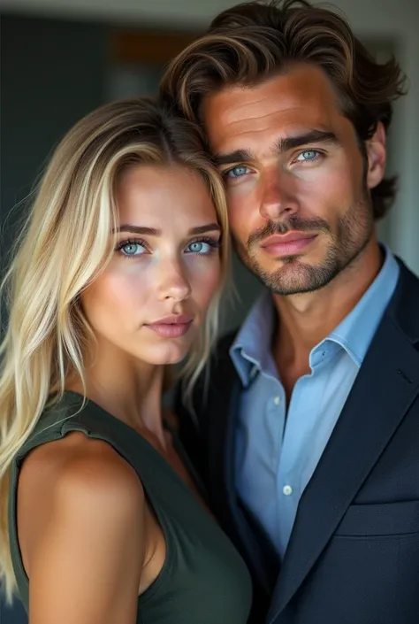 Handsome man with blue-eyed blonde girl standing aside behind an office, Real photo