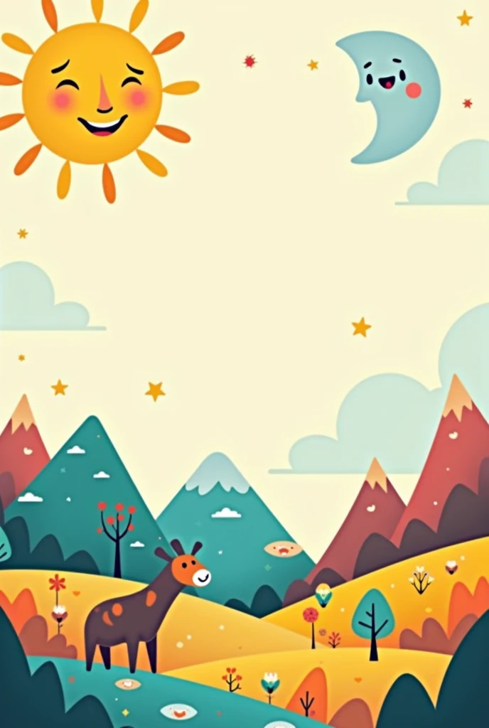 Create a whimsical vector illustration for a children’s book page:

Sun: Smiling, bright yellow with cheerful rays in the top left.
Moon: Gentle, smiling, pale blue in the top right.
Earth: Colorful and cartoonish in the center-bottom, with mountains, ocea...