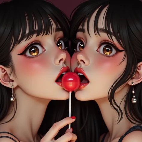 A beautiful 2 girl with an hourglass figure, detailed portrait with extremely detailed features, wet open lips licking a twin-pearl lollipop, alluring expression, long reflective eyelashes, dynamic and joyful expression, professional photorealistic 4k 8k h...