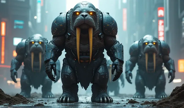 Walrus men in cyberpunk armor 