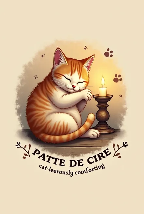 Créer moi un logo pour mon entreprise artisanale de bougie avec une thématique autours des chats, something warm and cozy called "patte de cire" with the slogan "Cat-leerously comforting" with the name and slogan written