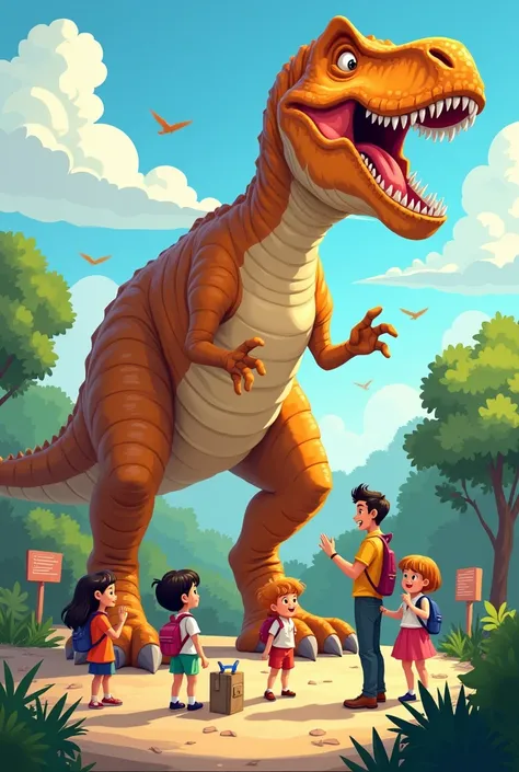  Cartoon showing children on a school trip to the zoo where the Tyrannosaurus Rex is with the guide and a teacher and you can see the parts of the dinosaur as an exhibition with a sign