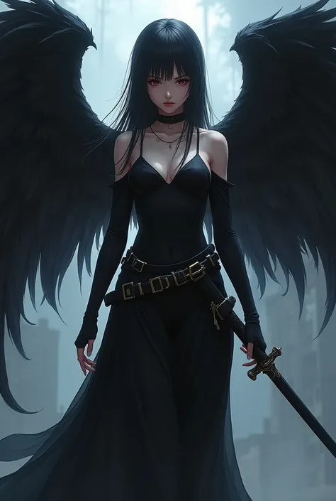 an anime woman with black wings black clothes with a skirt and a sword in her right hand