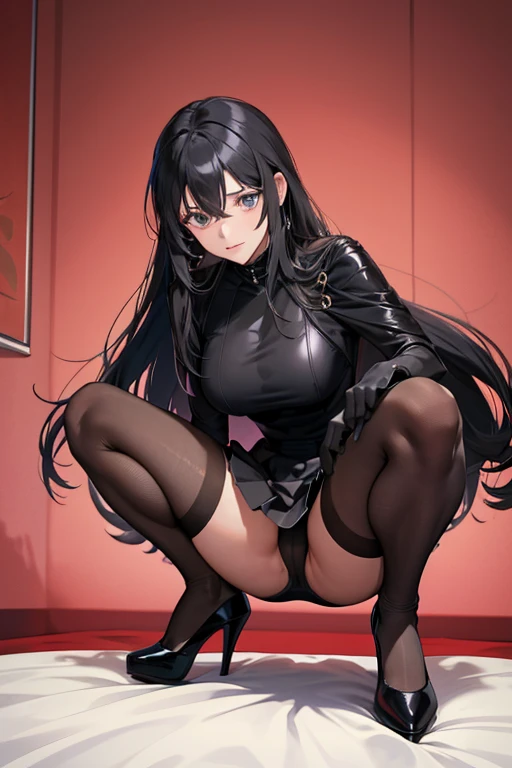 A long-haired mature woman with a shy expression squatting in a love hotel wearing a black one-piece tight skirt and black enamel gloves　whip　Black pantyhose　Upskirt Black High Heels