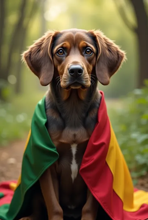 dog sitting with african flag around neck.