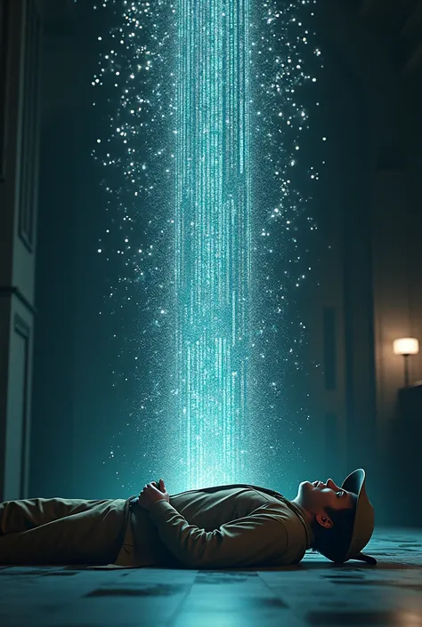 The delivery man, lying on the floor, turns into a binary code that rises into the air.