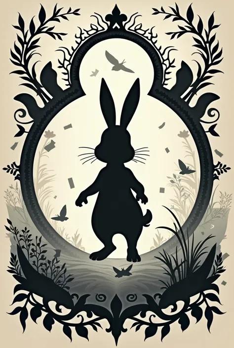 Alice in Wonderland symmetrical based on only shadows for a poster, containing rabbit, clock and letters

