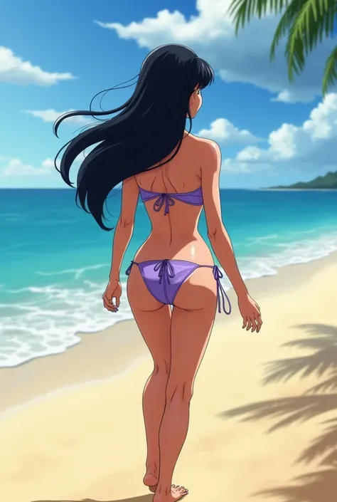 Dragonball z chichi walking at the beach wearing a lavender bandeau bikini with matching string thong bottoms. Barefoot with lavender nails. Back view