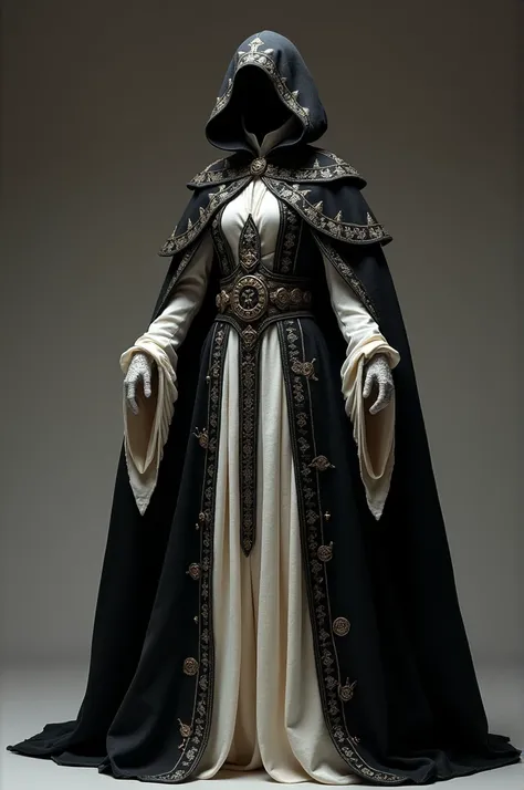 clearing, here is a detailed description of Seraphine&#39;s cloak:

---

**Manto de Seraphine**

Seraphine&#39;s cloak is an impressive piece, that mixes elements of medieval elegance with an aura of power and mystery. The clothing is predominantly black a...