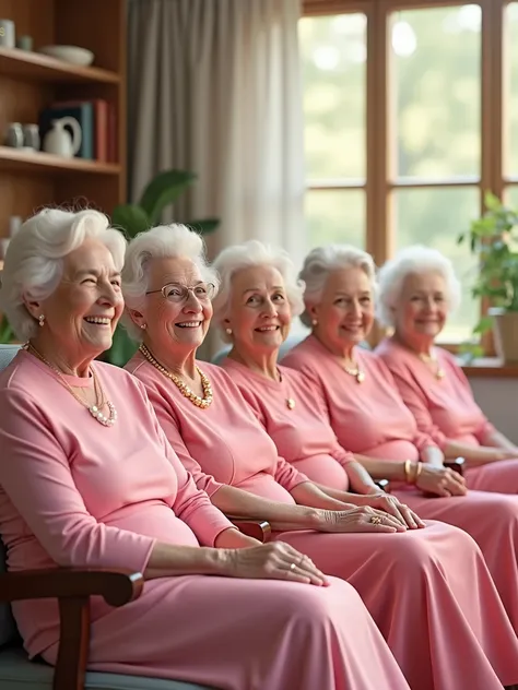 five smiling old ladies dressed in pink sat side by side in a beauty parlor. Morning light