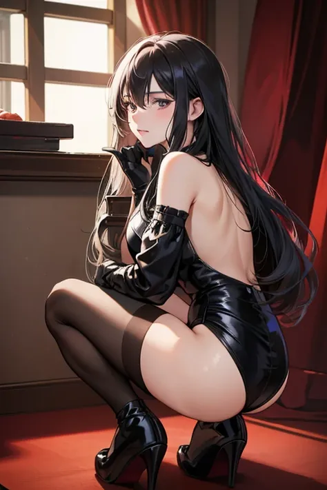 A long-haired mature woman with a shy expression squatting in a love hotel wearing a black one-piece tight skirt and black enamel gloves　whip　Black pantyhose　Upskirt Black High Heels