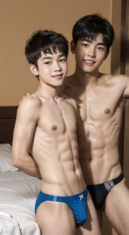 2 Young boys, cuteboy, smile,, whole body  summer, micro thong, relax,refreshing,bedroom.