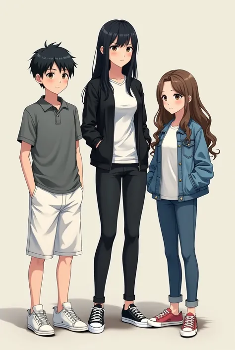 30 year old thin woman with white skin wearing a black jacket and black pants with a white polo shirt with long black hair with bangs  boy with short black hair wearing a grey polo shirt and long white shorts with white skin  girl with wavy brown hair with...