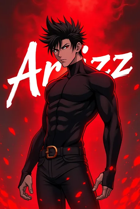 Anime male character, red background with red ashes glowin up and the name Arizz written in white stylish text in the background