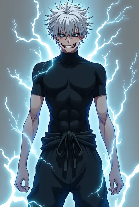 アニメ: one  men, eyes black, white curly hair, lightning power, a black compression shirt and black harem pants, he is physically weak, he has a sadistic smile