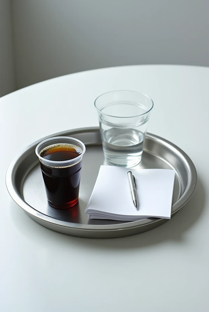 A sensory analysis, with a stainless steel tray, On top of the tray there is a pen and papers and a transparent plastic cup with 25 ml of black coffee and a transparent plastic cup half full of water.