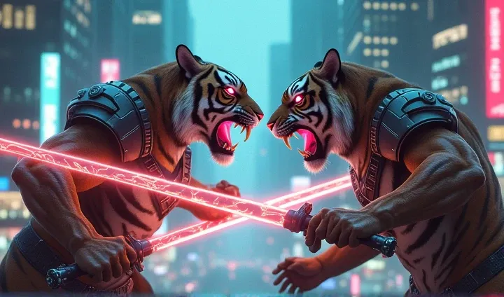 Cyberpunk tigers holding swords 