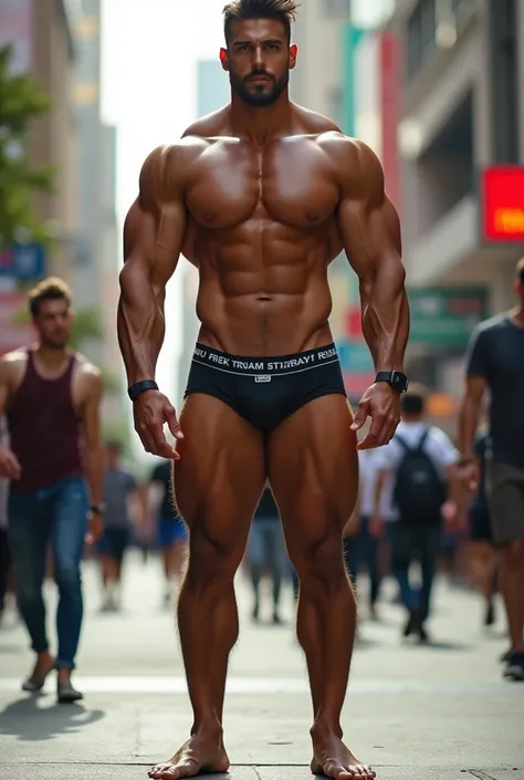 A strong man, velludo, virile, robust and attractive in branded underwear and barefoot, standing on the sidewalk without shoes and surrounded by people