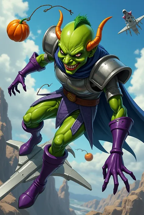 A lime green goblin wearing medieval lead armor the size of an average man with a witch nose, pointy ears, purple gloves, purple boots, normal man eyes, a joker smile while on his glider. (flying platform shaped like a bat or hang glider) silver color thro...