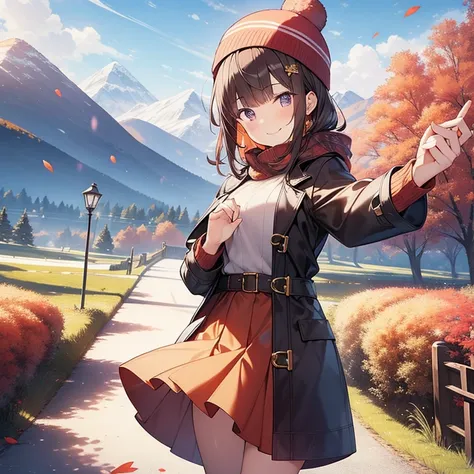 Masterpiece, best quality, high quality, 1girl, Solo, light makeup, has Purple eyes, has Short straight Brown hair, wears coat with Long Orange skirt, Pom knit hat on her head, Smile, Outdoor, standing, Mountains of autumn leaves in the background, Selfie,...