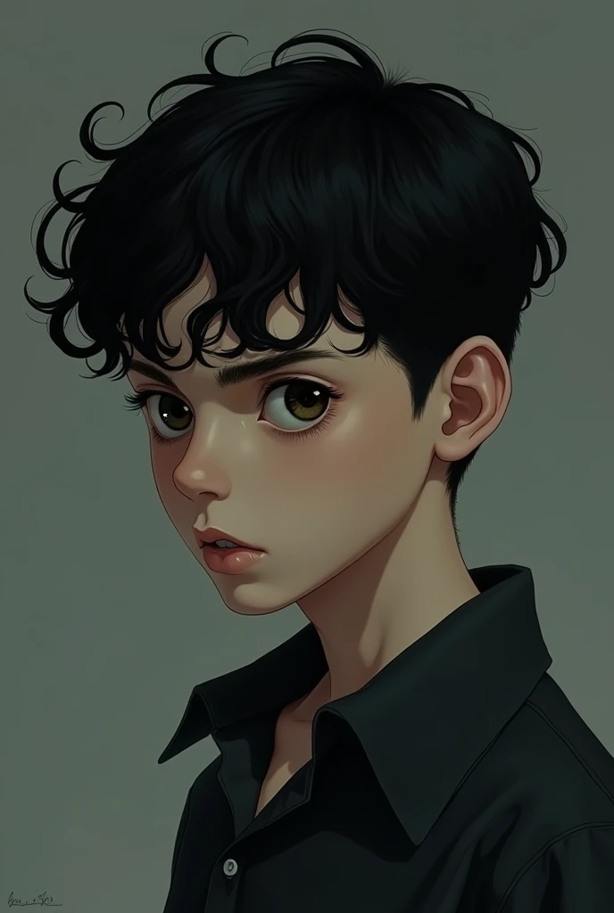 A  boy with a social haircut with little curls, black hair,  blacksad 