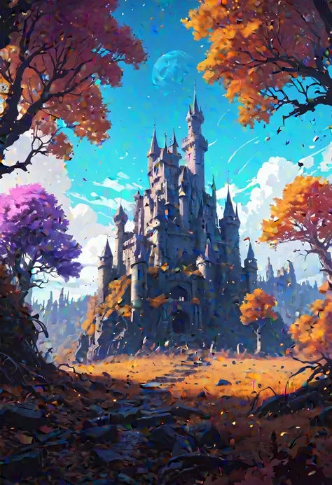 (digital art:1.3) by (Sketchy:1.1) octane render of a mysterious kingdom in the middle of the forest with a (ruined castle:1.2), Intricate (vine:1.1), autumn trees, Realistic digital painting portrait, shot in 8k resolution, Pastel color, splash art, magic...