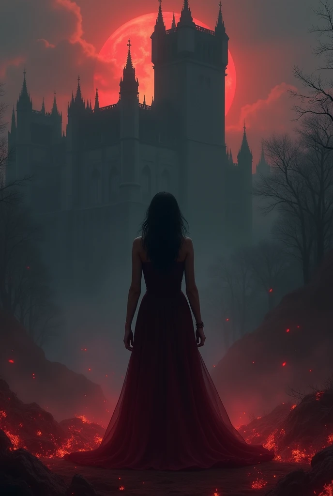 Create an image of a woman with her back to the camera with a shadowed castle in the background, and I want the photo to have red details and fire details

