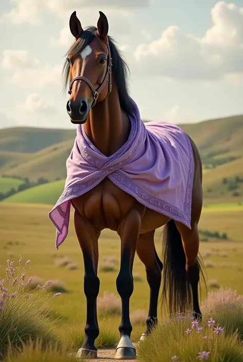 Imposing brown thoroughbred horse wearing a lilac gaucho triangular scarf with prairies in the background