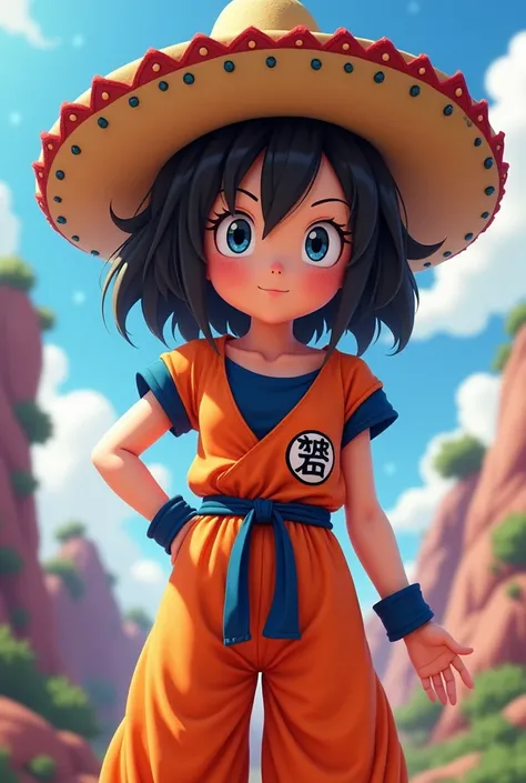 Animated woman with hello kitty cosplay animates with goku clothes, with Mexican hat 