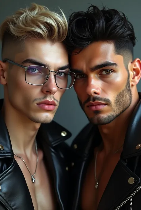 two young men, approximately 2, pale white skin and considerably strong physique. Angular face and deep, seductive black eyes, the eyebrow and hair are cool medium blonde and the buzzcut haircut. without much expression, has thin lips and rectangular silve...