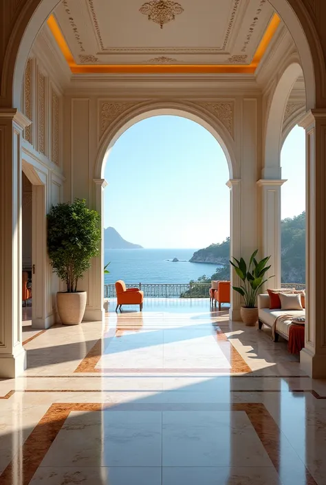 The image must contain the interior of the beautiful house with sea view, with a very luxurious architecture, I need the image to be big and full of details in the house