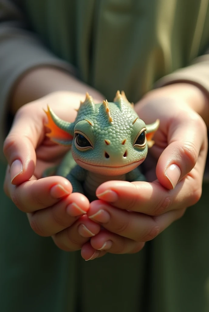 Ultra realistic hd photo of a baby dragon sitting in someone’s hands