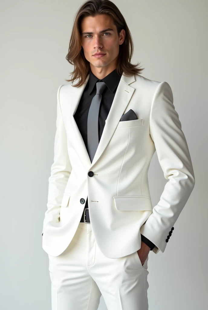 Realistic photo of white, tall, fit, slim guy with brown eyes, brown long straight hair, pure white groom suit with dark shirt, gray tie, without a vest, black buttons