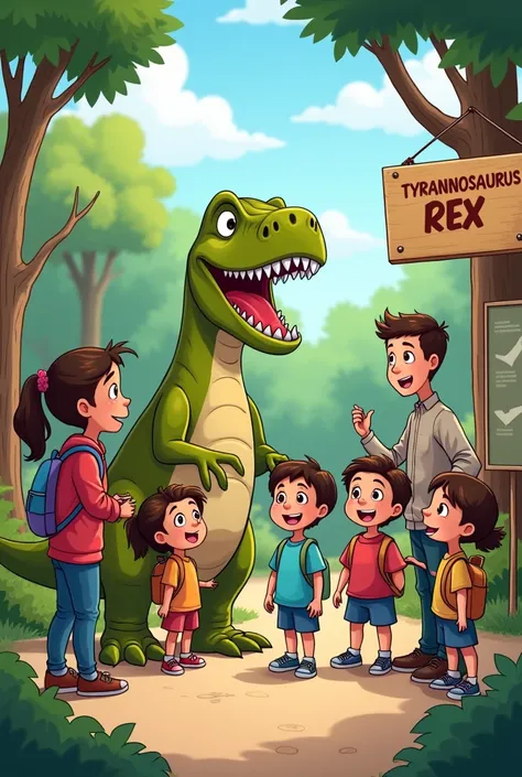  Cartoon showing children on a school trip in a zoo where the Tyrannosaurus Rex is with a guide and a teacher. And it is in a room inside the zoo where a sign with the name of the animated Tyrannosaurus Rex is displayed. 