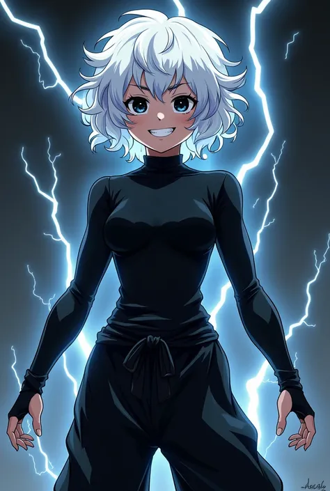 anime styling: young adult, Curly white hair, eyes black, lightning power, black compression shirt and black harem pants, sadistic smile 