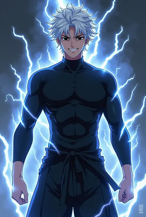 anime styling: young adult male, Curly white hair, eyes black, lightning power, black compression shirt and black harem pants, sadistic smile 