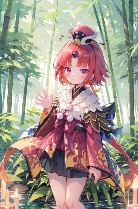 ((masterpiece,best quality:1.2)),((bamboo forest:1.2)),From Above1.2,((waving:1.4)),1girl,be_nienma,wide sleeves, short hair, bangs, red japanese clothes, hat, blush, red hair, parted sleeves past wrists,Black mini skirt,Red ribbon