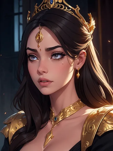 A beautiful girl is captured in an intense close-up, focusing only on his face in the middle of a gloomy and enigmatic environment. She wears a delicate gold crown that sits atop her loose, dark hair., Framing her face with an air of royalty and mysticism....