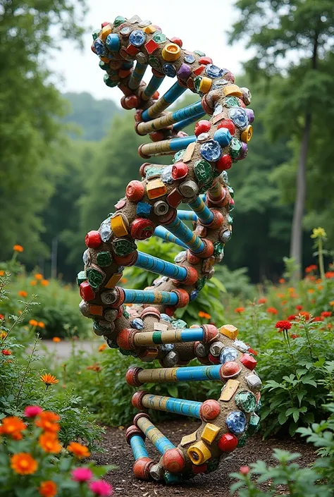 Realistic DNA model for school made with recyclable materials in a garden background