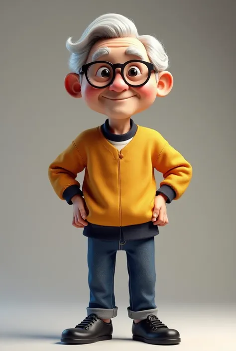 Create an elderly mascot with little gray hair with black eyes smiling wearing glasses with a team jersey and jeans and black shoes 